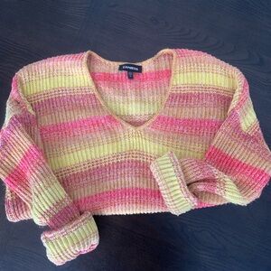 Express Women's V-Neck Sweater - Pink and Yellow Stripes